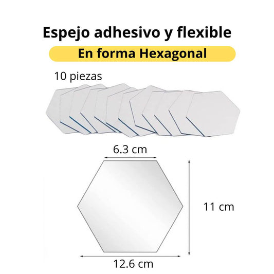 Set x 10 Espejos Decorativo Adhesivos, Flexibles, Hexagonales